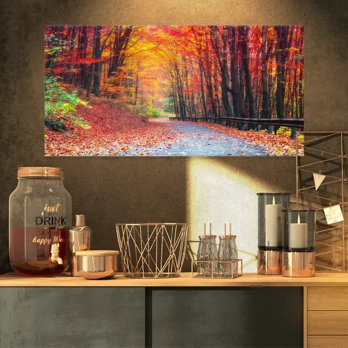 ‘Road in Beautiful Autumn Forest’ Photographic Print on Wrapped Canvas – 16″ x 32″ (#K6687)