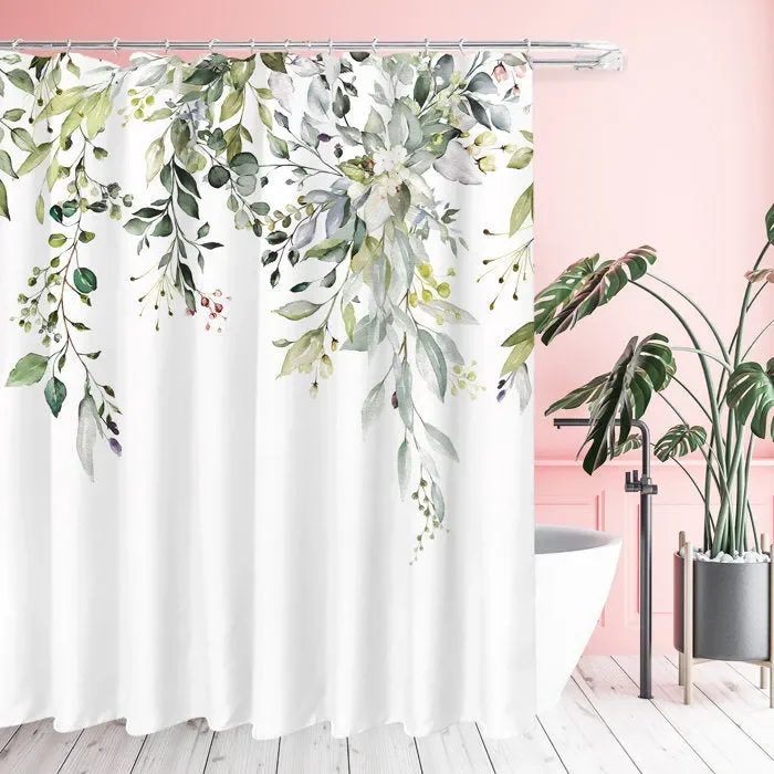 83″ H x 71″ W White/Green Niu Floral Single Shower Curtain + Hooks