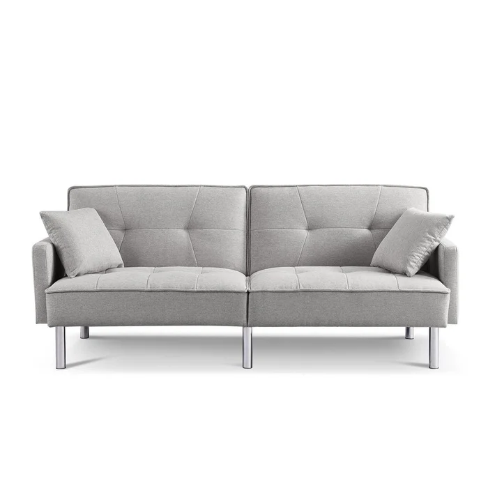85″ Light Gray Polyester Blend Convertible Futon Sleeper Sofa And Toss Pillows With Silver Legs