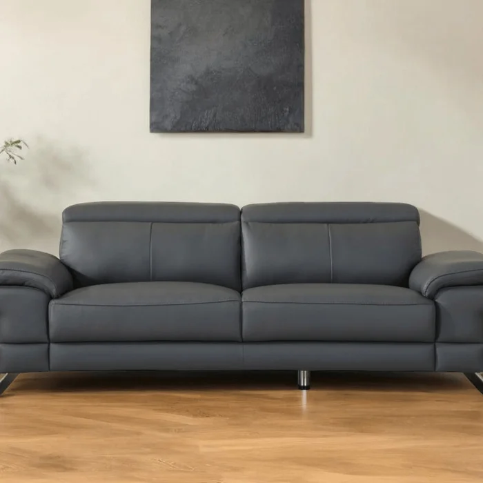 87″ Dark Gray Italian Leather Sofa With Silver Legs