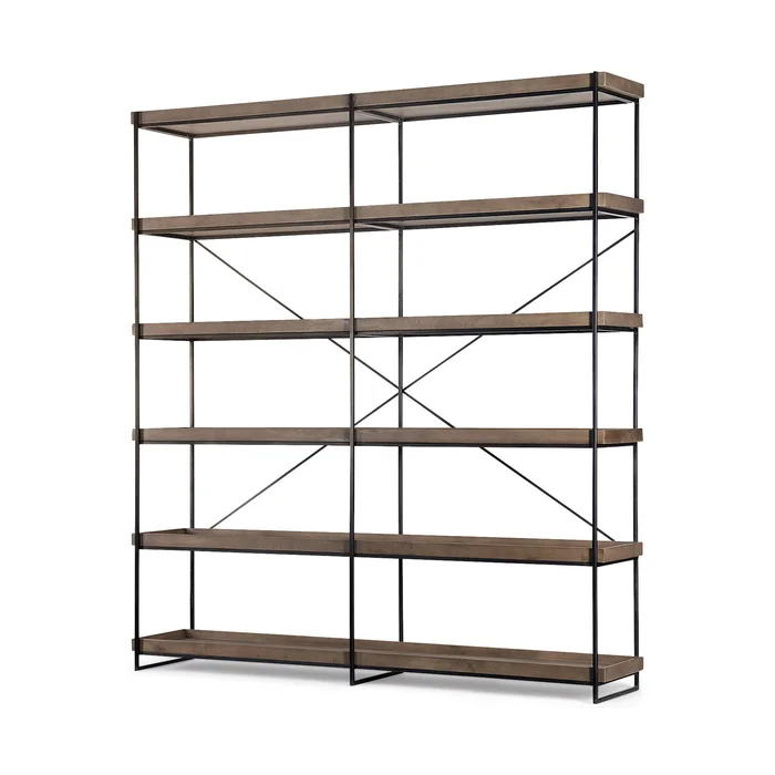 88″ Black And Brown Iron and Wood Five Tier Bookcase