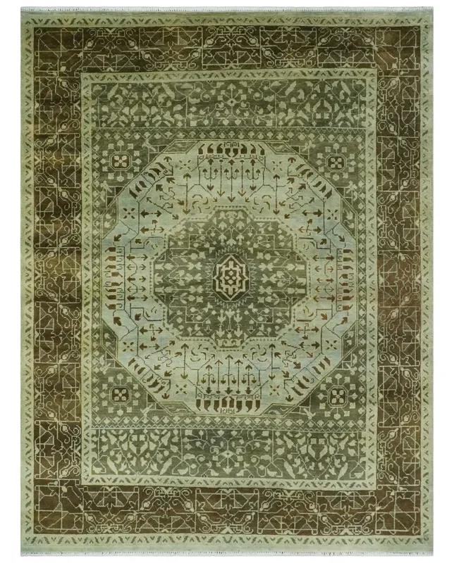 9×12 Antique Style Hand Knotted Green and Silver Medallion Pattern Wool Area Rug