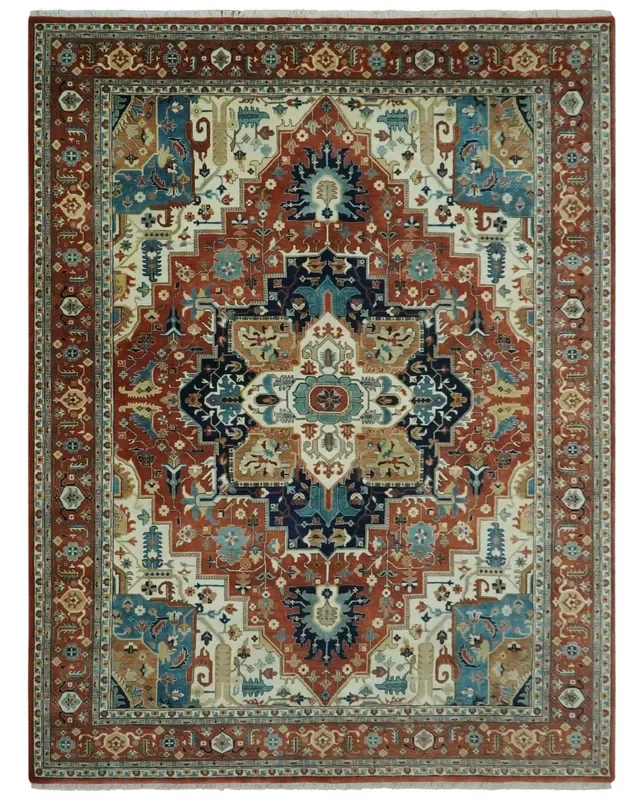 9×12 Fine Hand Knotted Rust, Ivory and Teal Traditional Heriz wool area rug