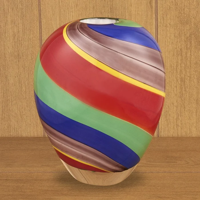 9″ Red Blue and Green Striped Round Glass Table Vase