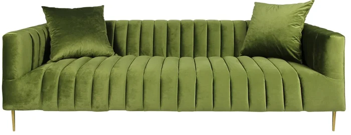 90″ Olive Green Velvet Sofa And Toss Pillows With Gold Legs