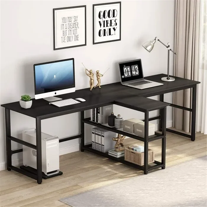 94.5 inch Computer Desk, Extra Long Two Person Desk with Storage Shelves – Black TTR329