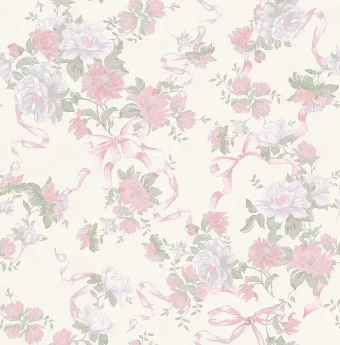 A-Street Prints AST4653 Cabbage Rose Bow Pretty in Pink Ribbons & Roses Wallpaper
