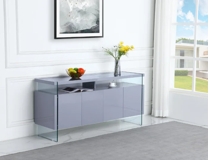 AC-34 Bayport grey high gloss finish modern buffet sideboard server cabinet with glass legs