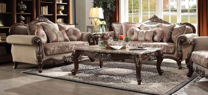 Acme 50690-91 2 pc Astoria grand nebel mehadi walnut finish wood velvet fabric sofa and love seat set
