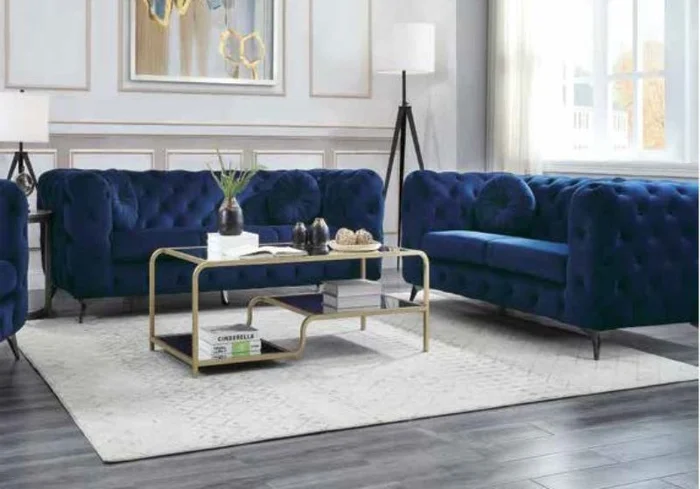 Acme 54900-01 2 pc Everly quinn vintage atronia blue tufted fabric low back sofa and love seat set