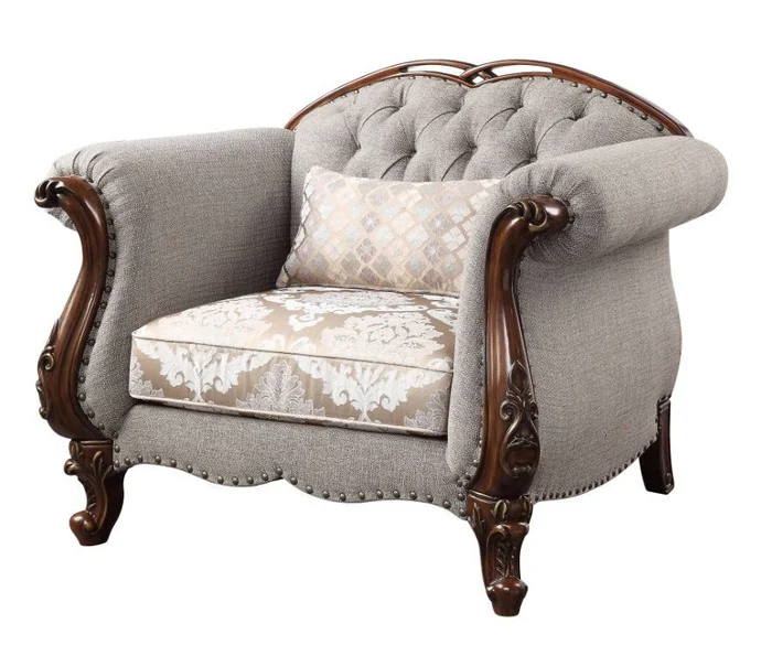 Acme 55367 Rosdorf park miyeon cherry finish wood fabric upholstery with tufted backs and carved accents oversized accent chair