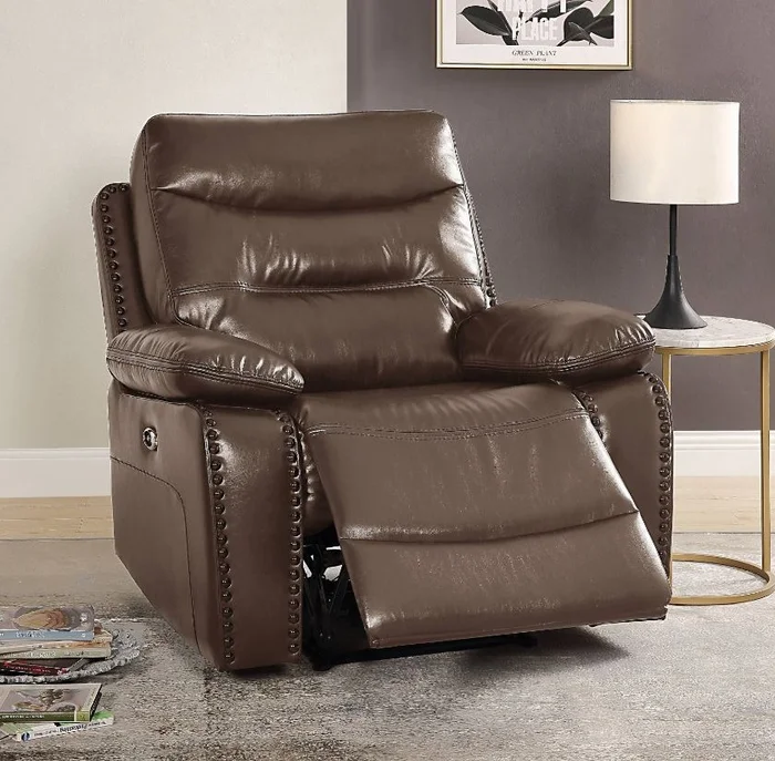 Acme 55423 Aashi brown leather gel match power motion recliner chair with USB plugs and nail head trim