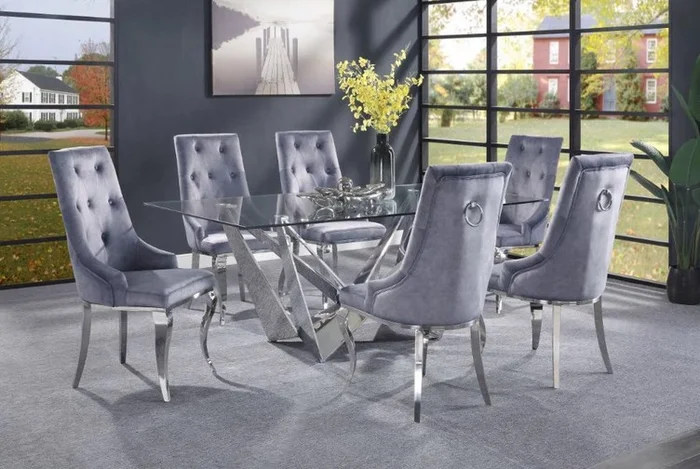 Acme 70140-43 7 pc Dekel modern glam chrome metal and clear glass top dining table set grey chairs
