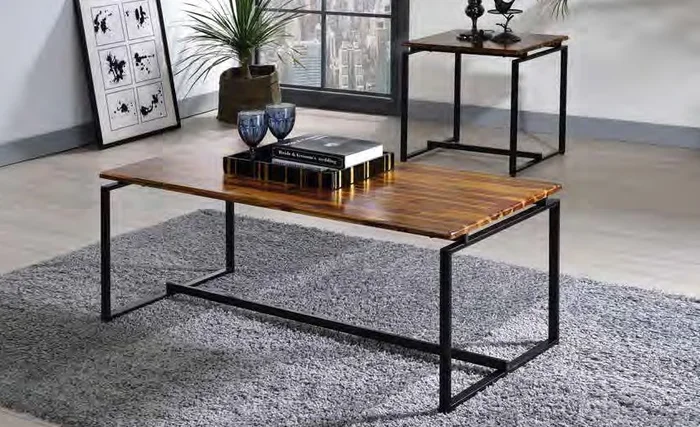Acme 83240 3 pc Orren ellis mackelprang jurgen oak finish wood and black metal frame coffee table set