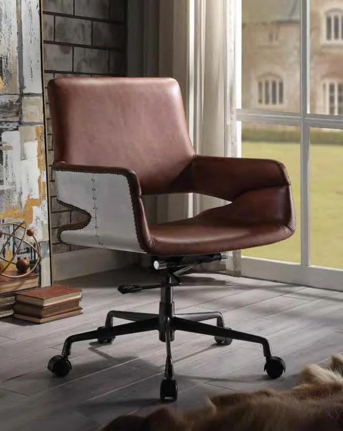 Acme 92567 Kamau vintage cocoa top grain leather and aluminum executive office chair with casters