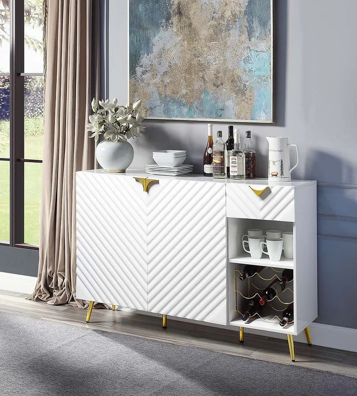 Acme DN01260 Everly quinn gaines white high gloss finish wood gold accents modern sideboard server bar buffet console cabinet