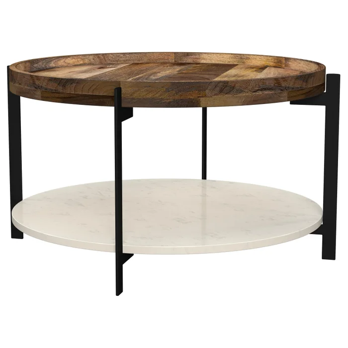 Adhvik – Round Wood Top Marble Shelf Coffee Table – Natural And