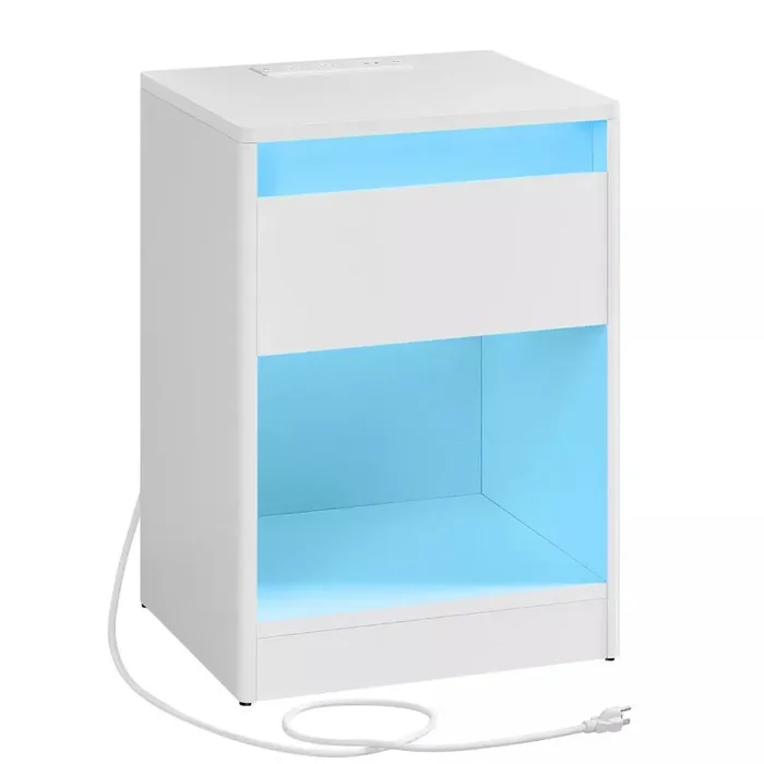 Adjustable Nightstand with LED Lights White – MDF & Particleboard with Drawer