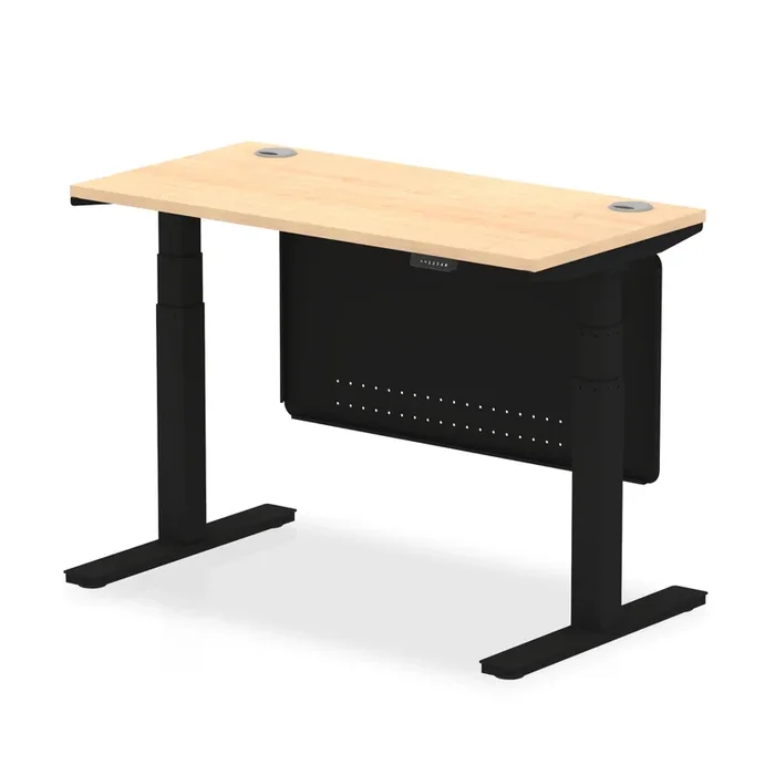 Air 600mm Deep Height Adjustable Desk With Cable Ports & Steel Modesty Panel – Maple