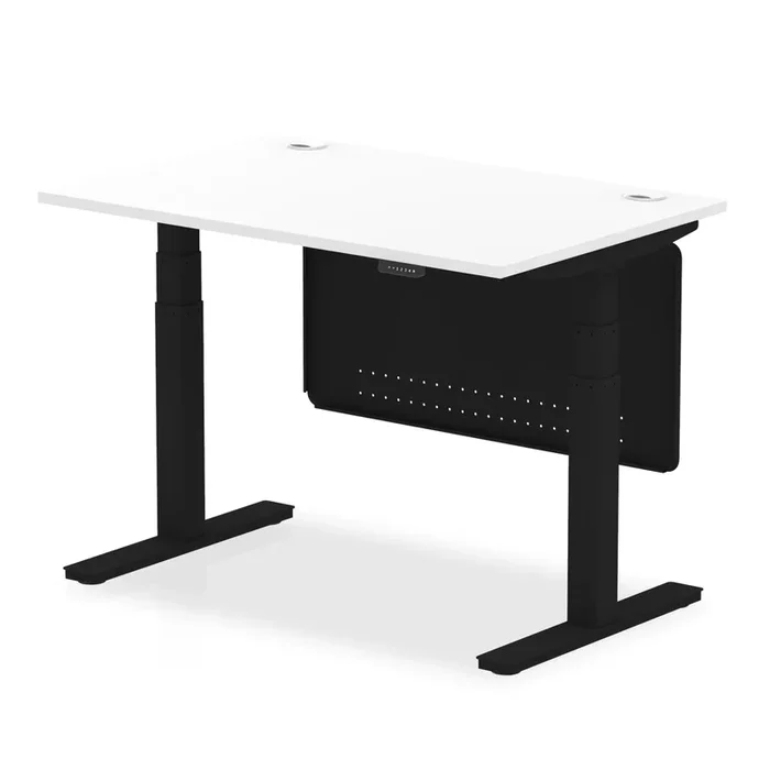 Air 800mm Deep Height Adjustable Desk With Cable Ports & Steel Modesty Panel – White