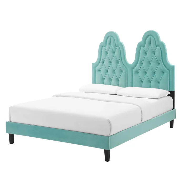 Alexandria Tufted Performance Velvet Queen Platform Bed, Velvet, Blue, 22789