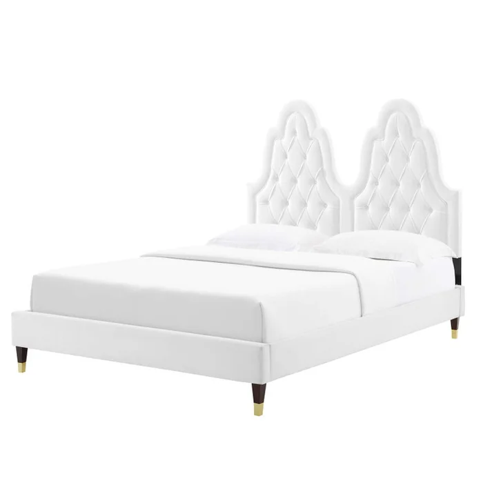 Alexandria Tufted Performance Velvet Queen Platform Bed, Velvet, White, 22785