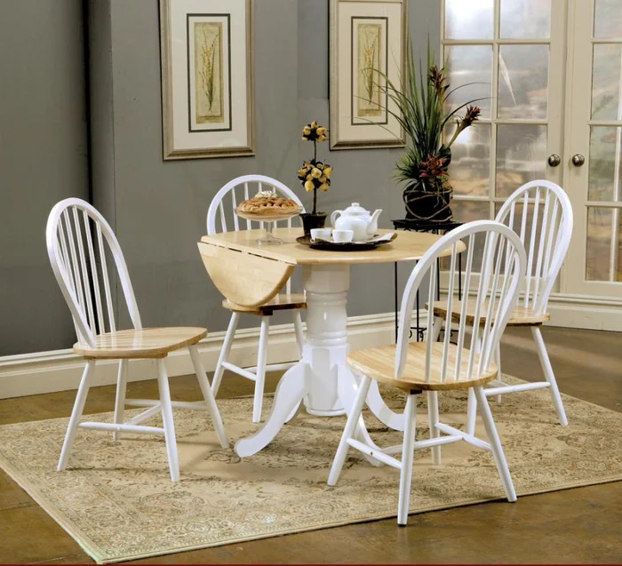 Allison – 5 Piece Round Drop Leaf Dining Table Set – White
