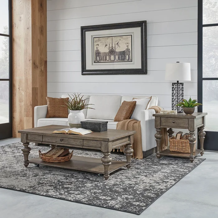 Americana Farmhouse – 3 Piece Table Set (1 Cocktail 2 End Tables) – Light Brown