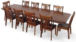 Amish Crafted Solid Character Cherry Wood 118″ Long Shenandoah Trestle Table & Sheffield Chair Set in Michaels Finish