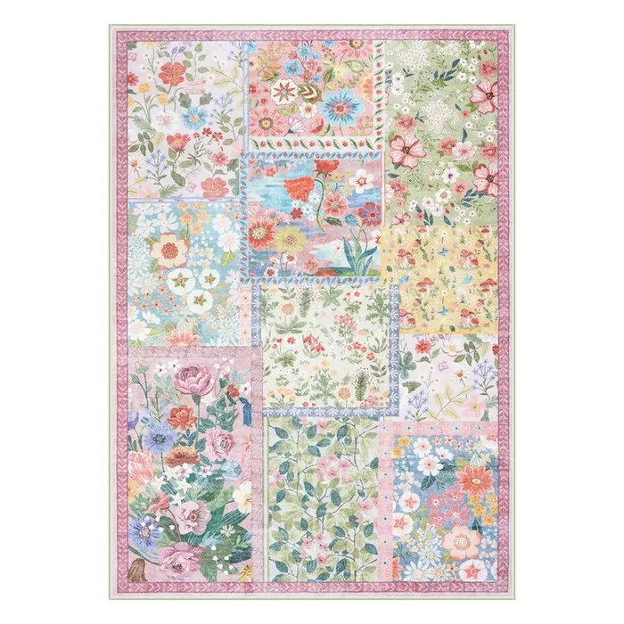Amour Washable Boho Patchwork Floral Pink Rug