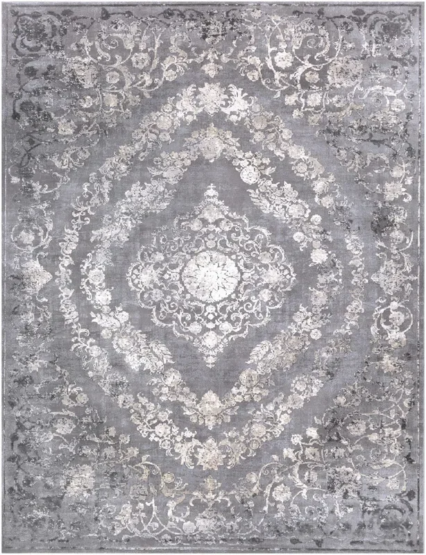 Antique Design Gray, Silver and Ivory Carved Texture Medallion Multi Size Rug