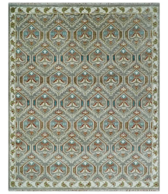 Antique look Traditional Hand Knotted Silver, Ivory and Rust Multi Size Area Rug