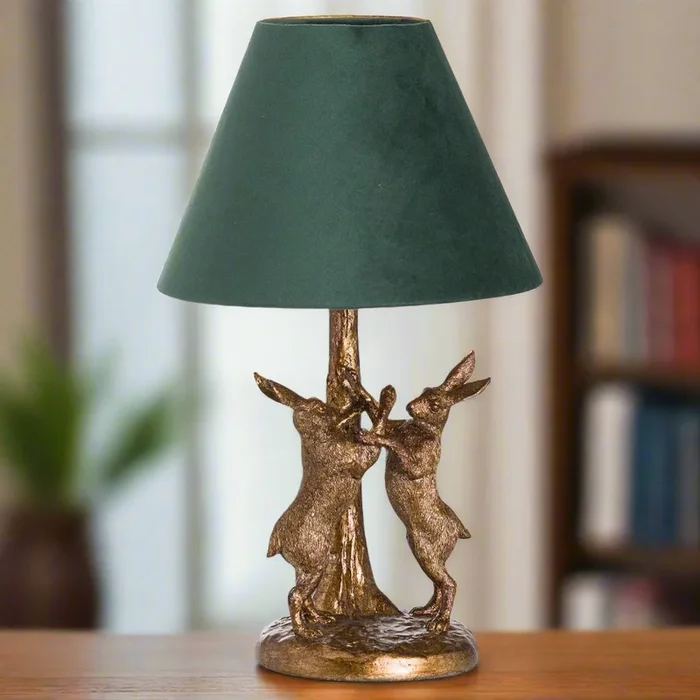 Antique Marching Hares Lamp with Velvet Shade