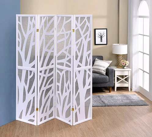 Asia Direct 5476-4 4 panel Tree design white finish wood with Jute inlay style room divider shoji screen