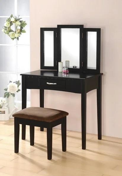 Asia Direct 599-BK Canora driscoll black finish wood 3 pc bedroom vanity set with tri-fold mirror and stool