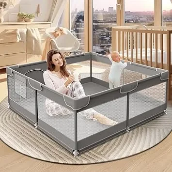 Baby Play Pen Playards, Indoor & Outdoor Active Center Game Fence, with Skin-Friendly Fabric and Soft Breathable Mesh Grey
