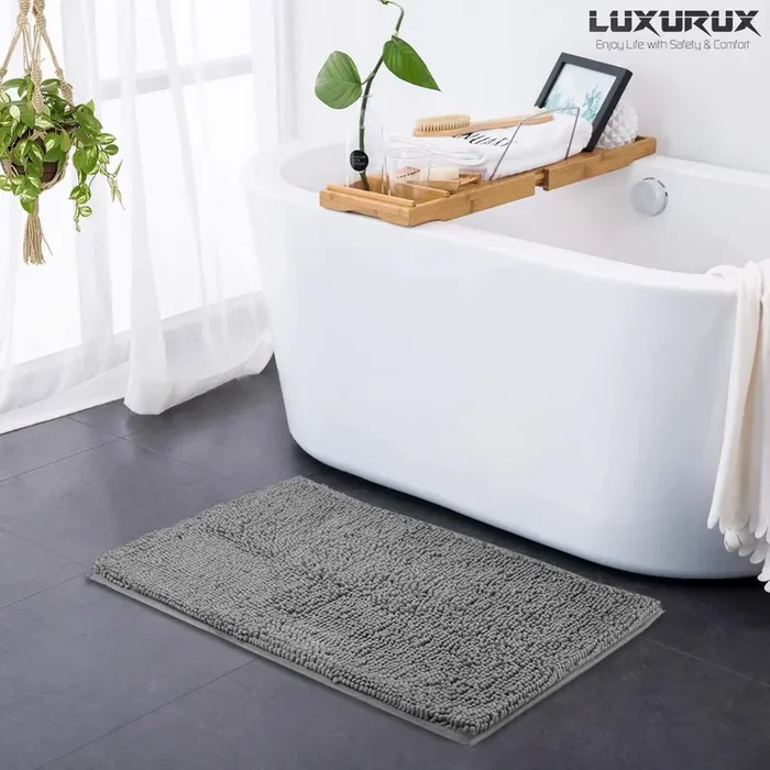 Bath Mat by LuxUrux Extra-Soft Plush Non-Slip Bath Mat, Luxury Chenille Microfiber Material, Super Absorbent Shaggy Bath Rug. Machine Wash & Dry (15 x 23, Light Grey), set of 2
