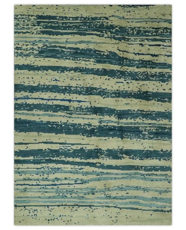 Beige and Teal Modern stripes Design Hand Knotted 5×7 wool Area Rug