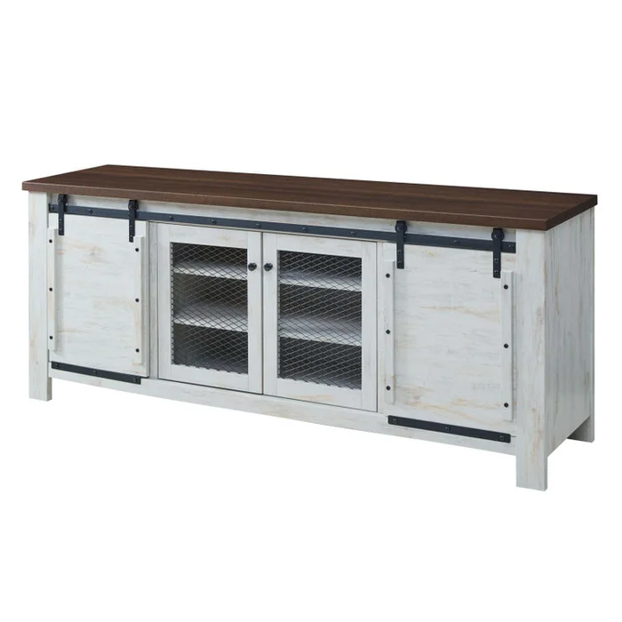 Bennington 70″ Rustic Sliding Door Buffet Table Sideboard, Wood Metal Steel, White, 17450
