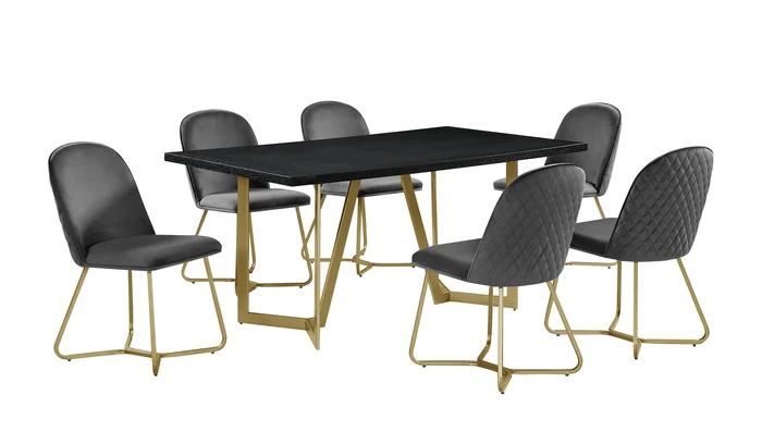 Best Quality D280-GY 7 pc Broadway black finish wood top and gold tone modern dining table set grey chairs