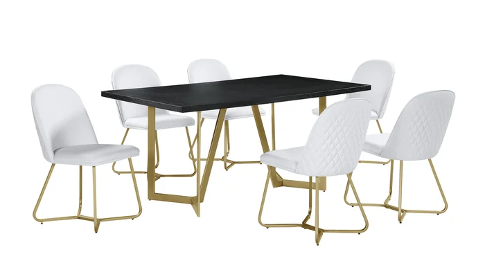 Best Quality D280-WH 7 pc Broadway black finish wood top and gold tone modern dining table set white chairs