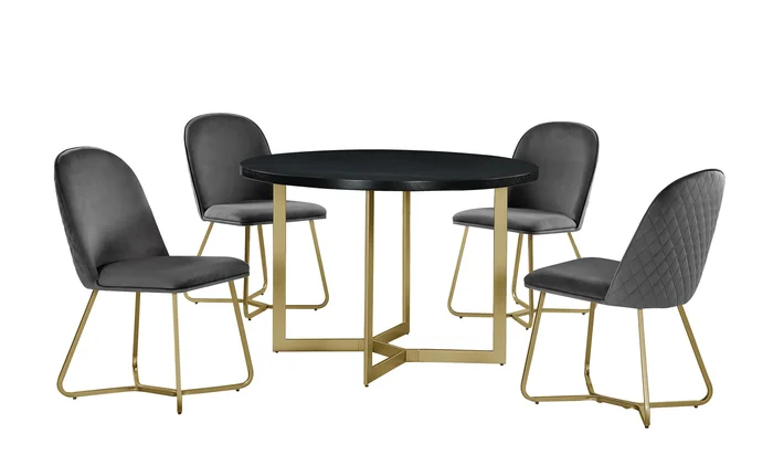 Best Quality D282-GY 5 pc Broadway black finish wood top and gold tone modern 45″ round dining table set grey chairs