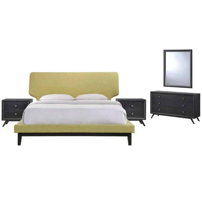 Bethany Five PCS Queen Size Bedroom Set, Green, Fabric, Wood