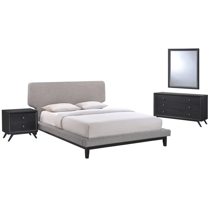 Bethany Four PCS Queen Size Bedroom Set, Grey, Fabric, Wood