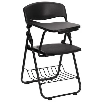 Black Plastic Chair with Right Handed Tablet Arm and Book Basket – RUT-L03-TAB-RT-GG