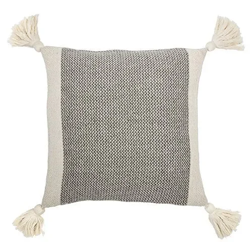 Bloomingville A40110195U1 Grey & Cream Corner Grey Square Cotton Blend Pillow with Tassels, 18″ (Set of 2) K8663