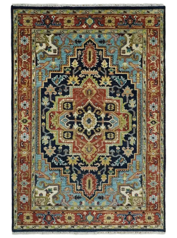 Blue and Rust Hand Knotted 8×10, 9×12, 10×14 and 12×15 Wool Antique Area Rug