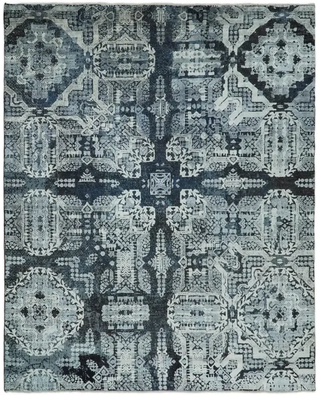 Blue and Silver 8×10 Rug Traditional Handmade Wool and Bamboo Silk Area Rug | TRD1786810