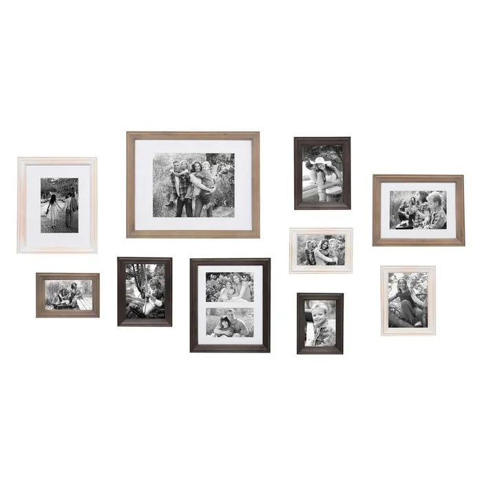 Bordeaux Gallery Wall Kit, Set of 10 with Assorted Size Frames in 3 Different Finishes – White Wash, Charcoal Gray, and Rustic Gray