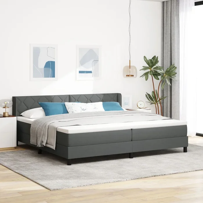 Box Spring Bed With Mattress Dark Grey 200X200 Cm Fabric, Headboard Diamond Blocks Design Dark Grey 200 Cm Fabric